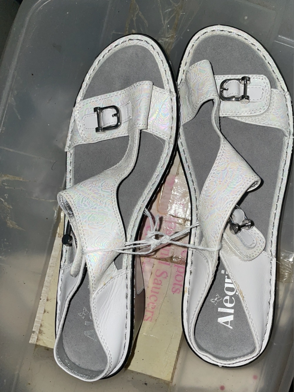 Alegria White Iridescent Floral-Pattern Sandals